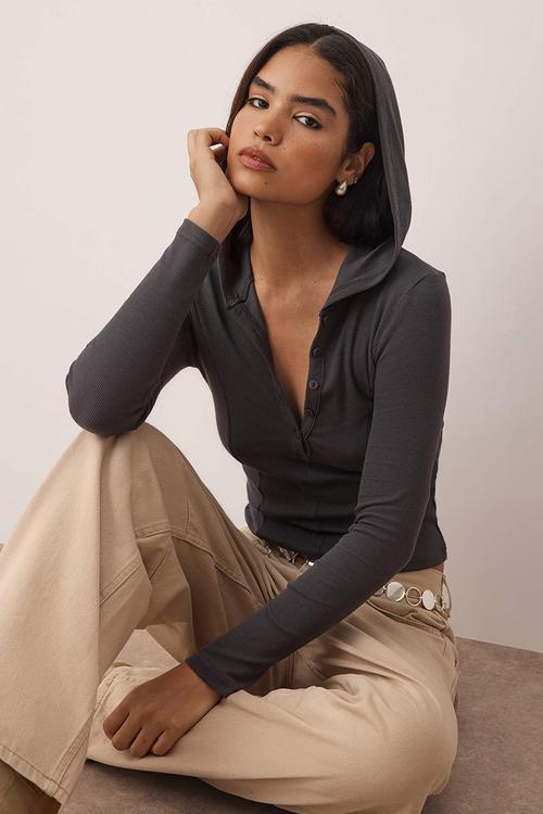 Ribbed Button Fitted/Slim Fit Knitted Blouse - Black