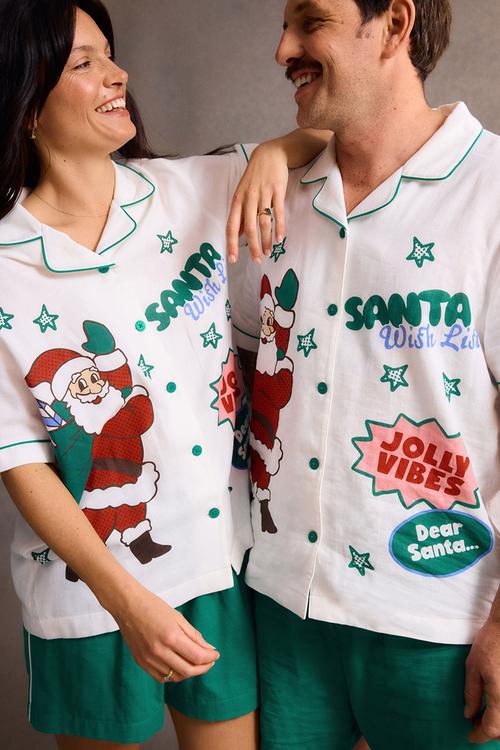 Adult Woven Pj Set Family Christmas - Deep Mint/Santa Wish List
