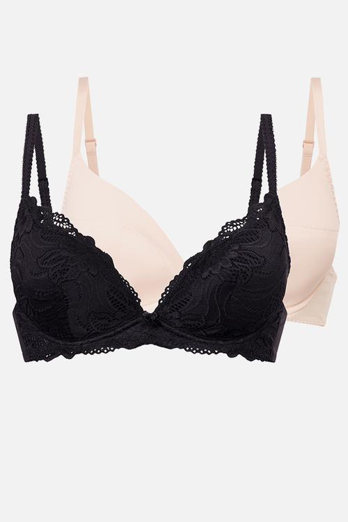 Angie-2 pack push up plunge - black & beige