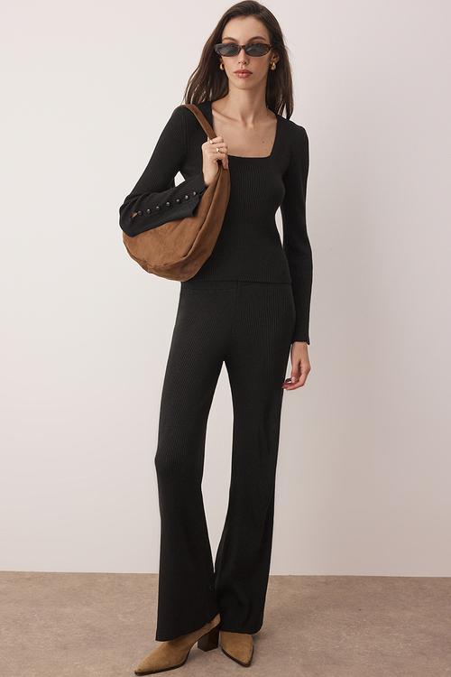 Square Collar Body Hugging Knitwear Bottom - Top Set  - Black