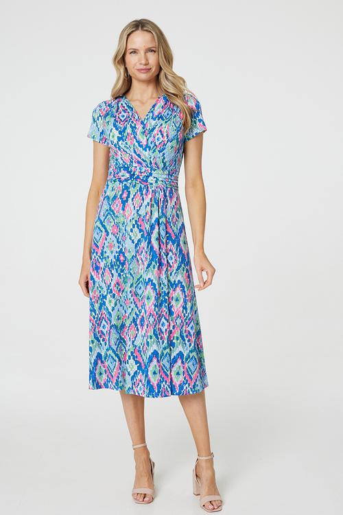 Cap Sleeve Wrap Style With Waist Pleats Midi Dress - Blue