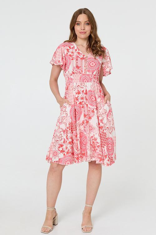 V-Neck Flutter Sleeve Midid Dress With Buttons And Gauging At Waist - Tangerine