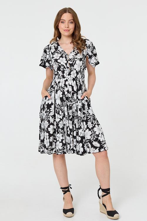 V-Neck Flutter Sleeve Midi Dress With Buttons And Gauging At Waist - Black And White