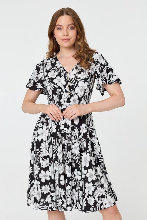 V-Neck Flutter Sleeve Midi Dress With Buttons And Gauging At Waist - Black And White
