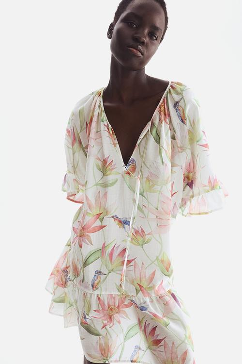 Tie-detail tunic dress - cream floral 