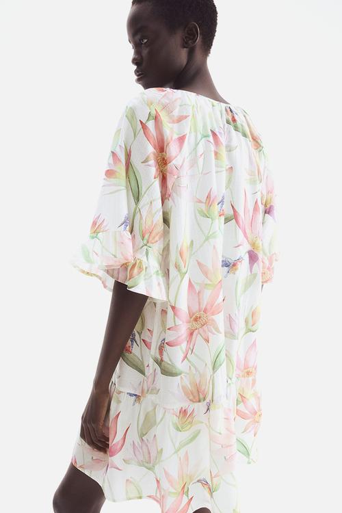 Tie-detail tunic dress - cream floral 