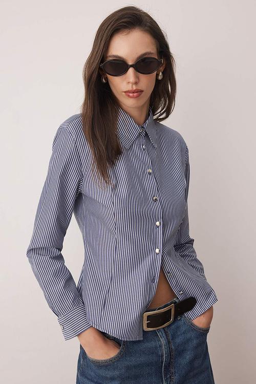Striped Silver Button Detail Waist Fitted Shirt - Blue
