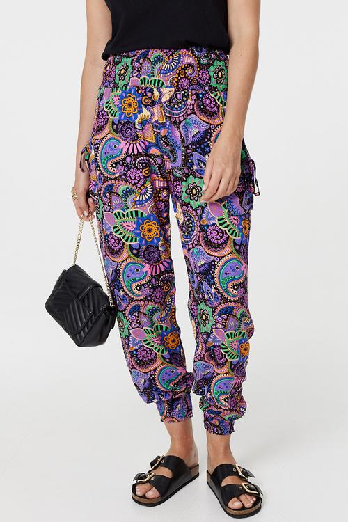 Smocked Waistband And Hem With Side Pockets And Tie Harem Pant - multi