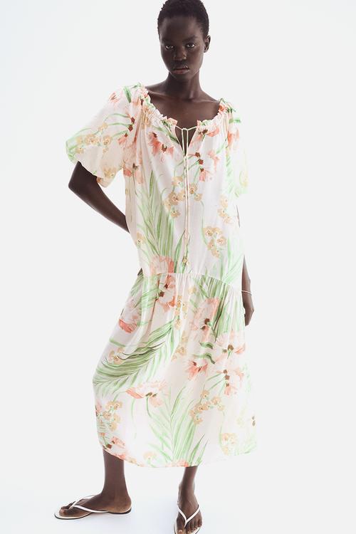 Drawstring-detail dress - light pink floral