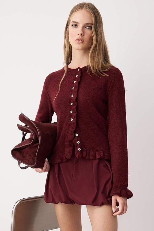 Button Detailed Soft Textured Knitwear Cardigan - Burgundy