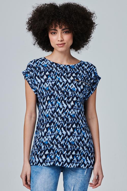 Cap Sleeve Roll Scoop Hem Blouse With Zip And Pocket Detail - Blue