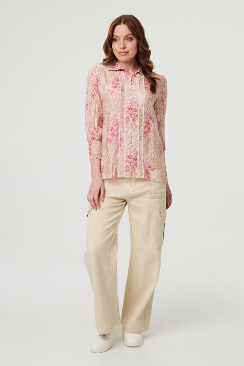 Long sleeve Button Through Patchwork Print Blouse - pink