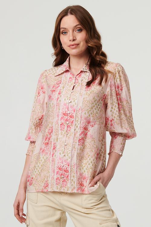 Long sleeve Button Through Patchwork Print Blouse - pink