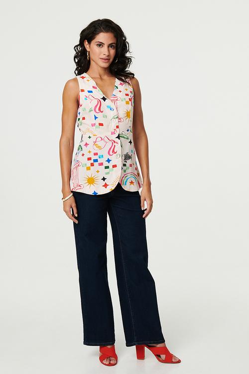 V-Neck Sleeveless Covered Buttons Easy Wearing Waistcoat - Multi 