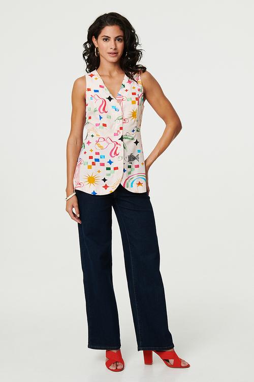 V-Neck Sleeveless Covered Buttons Easy Wearing Waistcoat - Multi 