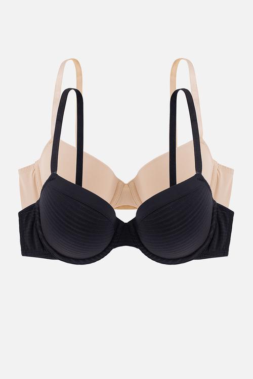 Light padded demi 2 pack bra - black & beige
