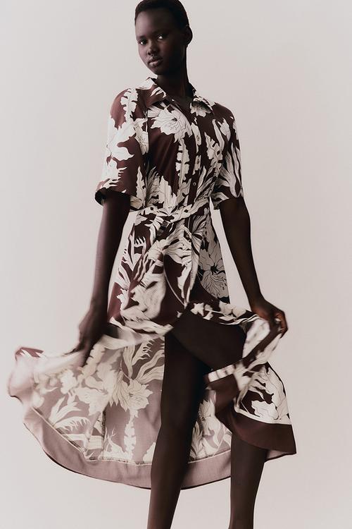 Tie-belt shirt dress - dark brown floral 
