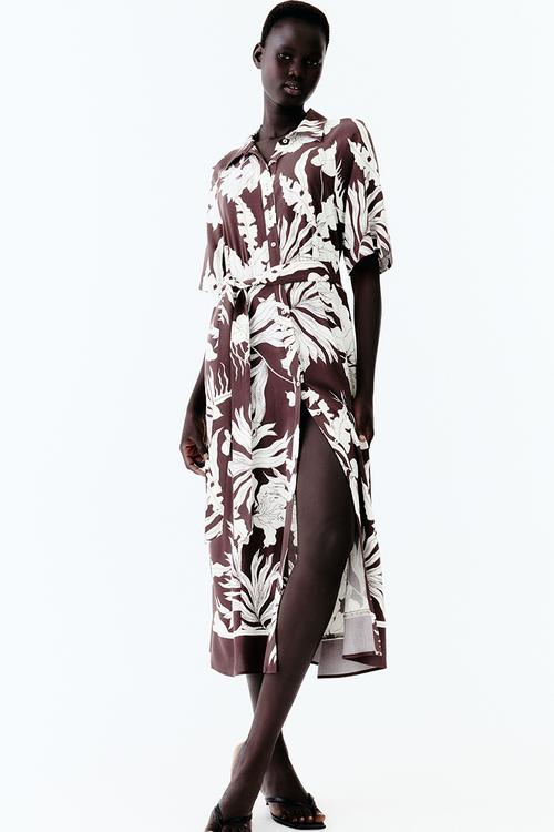 Tie-belt shirt dress - dark brown floral 