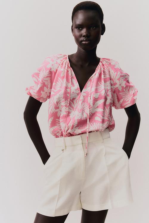 Balloon-sleeved blouse - pink patterned