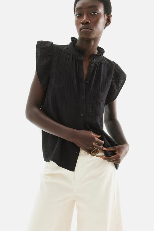 Flutter-sleeved muslin blouse - black