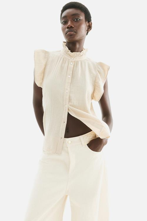 Flutter-sleeved muslin blouse - beige