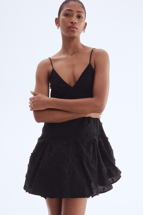 Appliquéd cotton dress - black