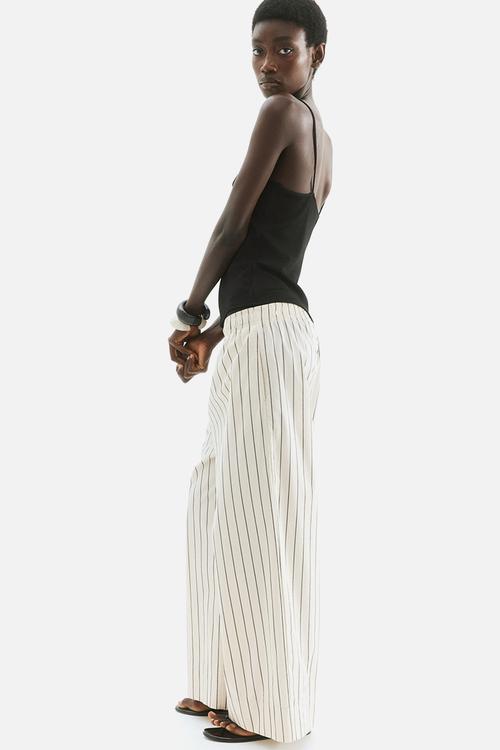 Ankle-length cotton trousers - light beige striped