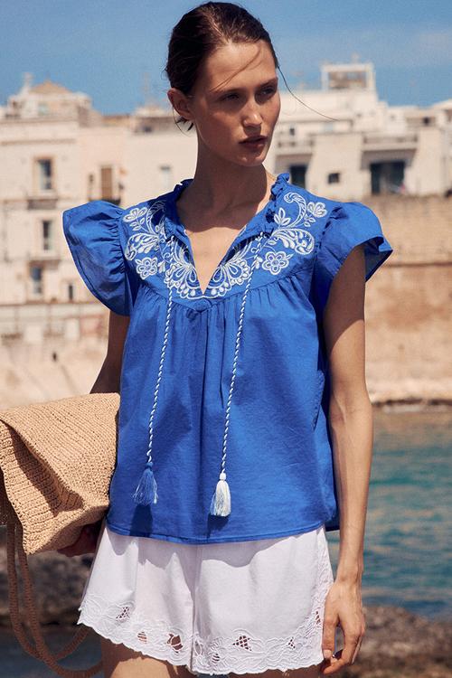 Embroidered blouse - bright blue & white