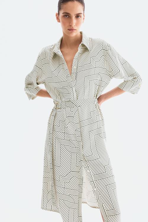 Belted shirt dress - cream patterned 