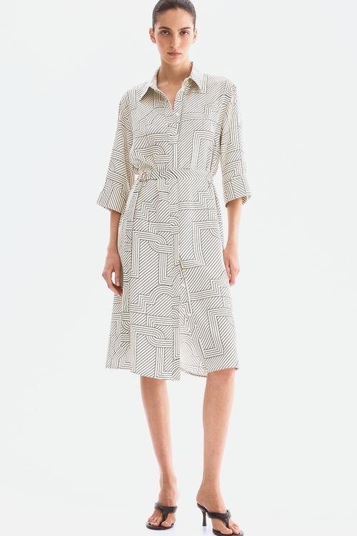 Belted shirt dress - cream patterned 