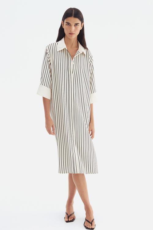 Belted shirt dress - cream striped