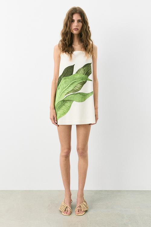Linen-blend strappy dress - white leaves