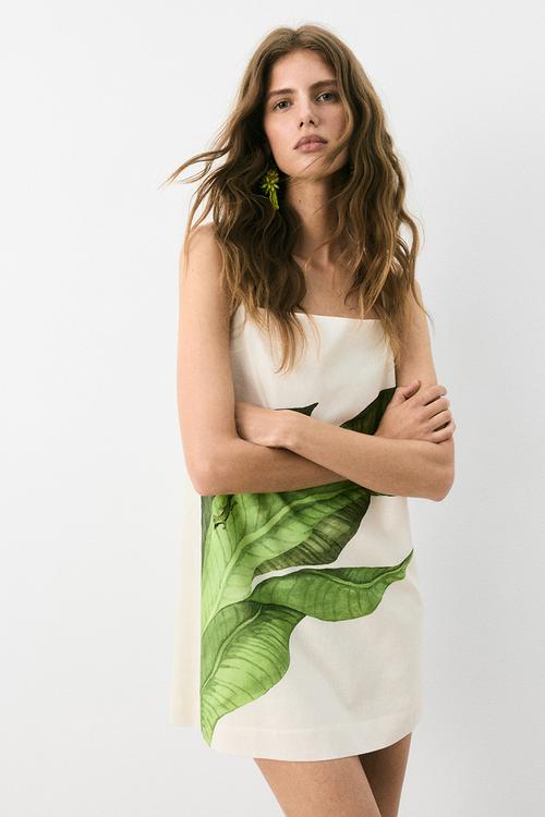 Linen-blend strappy dress - white leaves