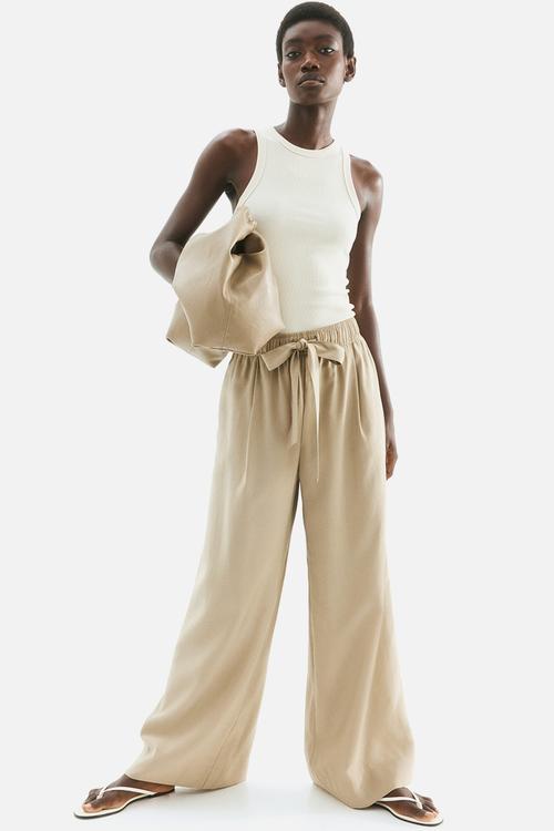 Wide tie-belt trousers - beige
