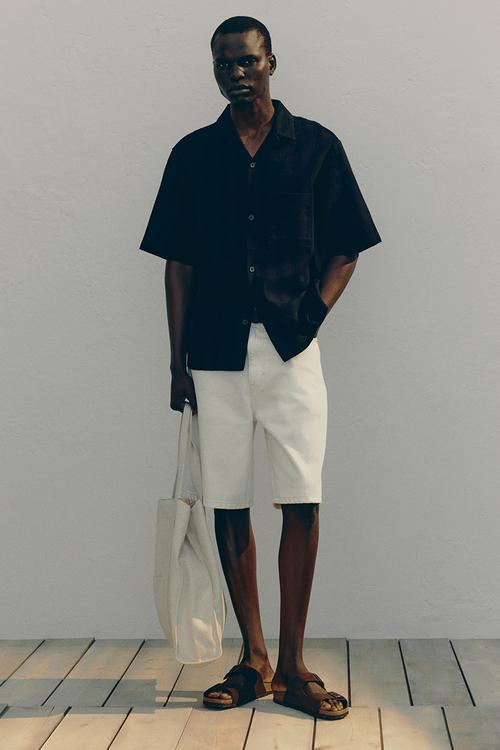 Regular fit textured resort shirt - navy blue