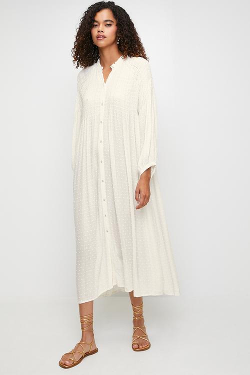 L/S Key Hole Neck Button Through Maxi Shirt Dress With Elastic Front And Sleeve - White