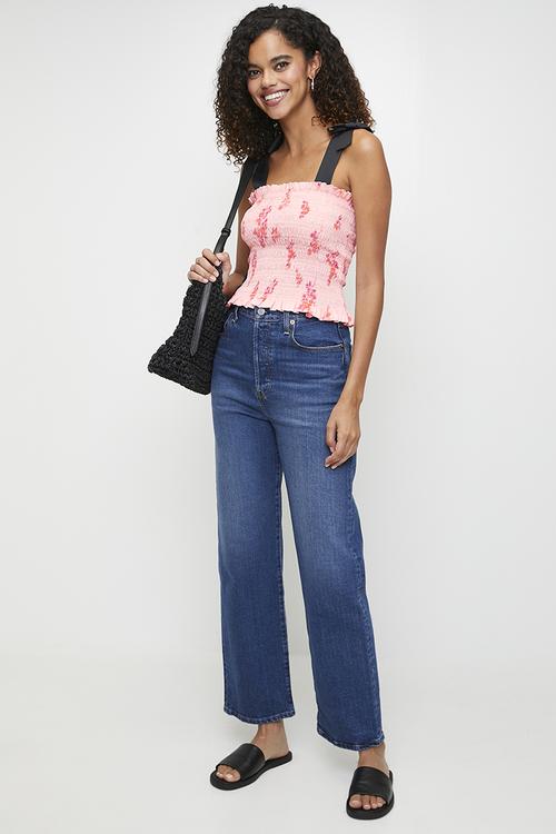 Co-ord shirred top with straps - pink ditsy relief