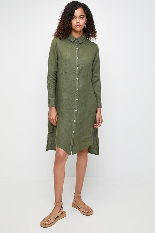 Linen Midi Dress With Front Scoop - Khaki