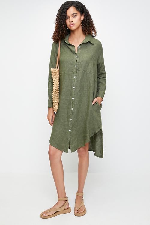 Linen Midi Dress With Front Scoop - Khaki