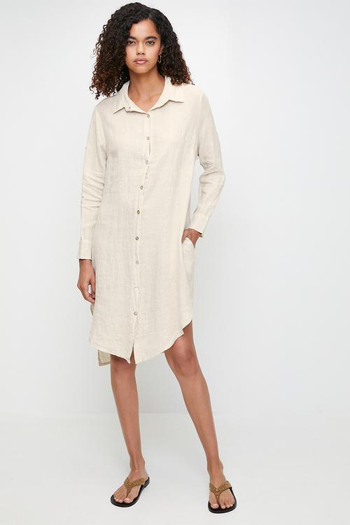 Linen Midi Dress With Front Scoop - Beige