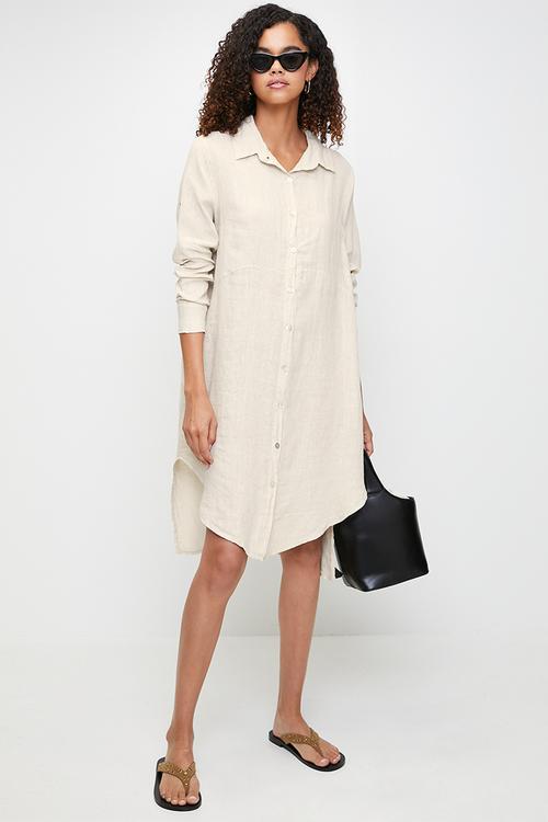 Linen Midi Dress With Front Scoop - Beige