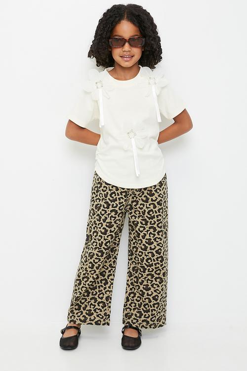 Wide leg jeans with elasticated waist - beige/leopard print
