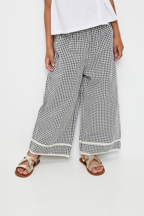 Wide leg pants with lace knit trim - black gingham