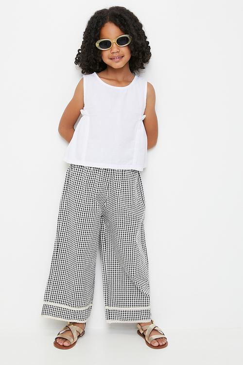 Wide leg pants with lace knit trim - black gingham