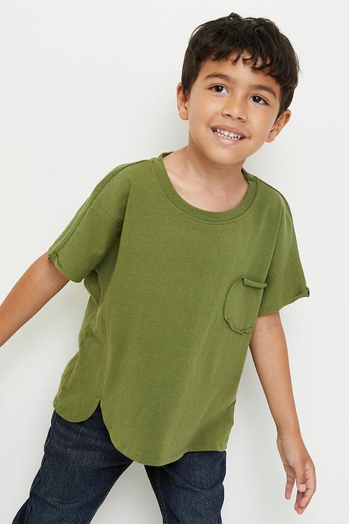 Asymmetrical front hem tee with stylised pocket - sap green