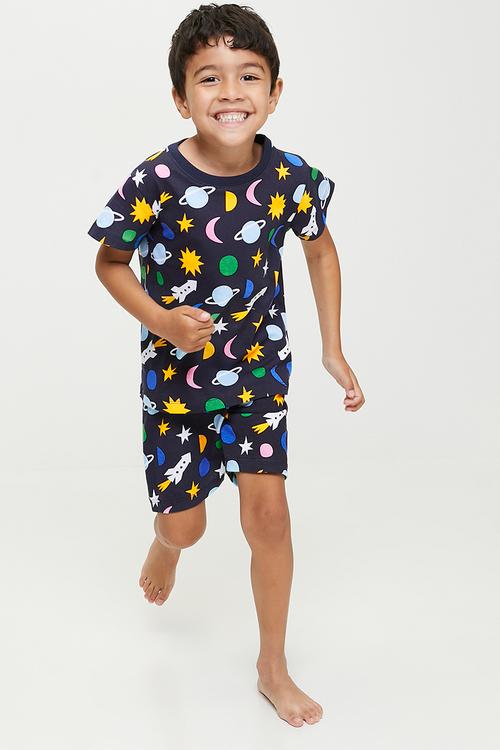 Space theme all-over print pj set - black