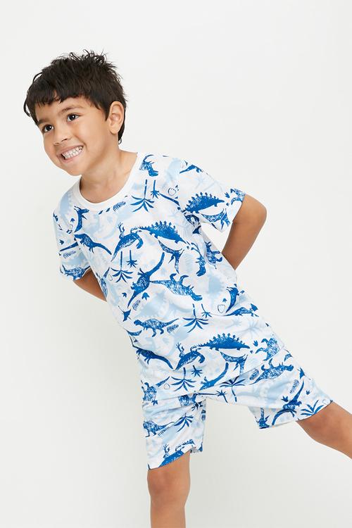 Hand-drawn dino all-over-print pj set - white/blue