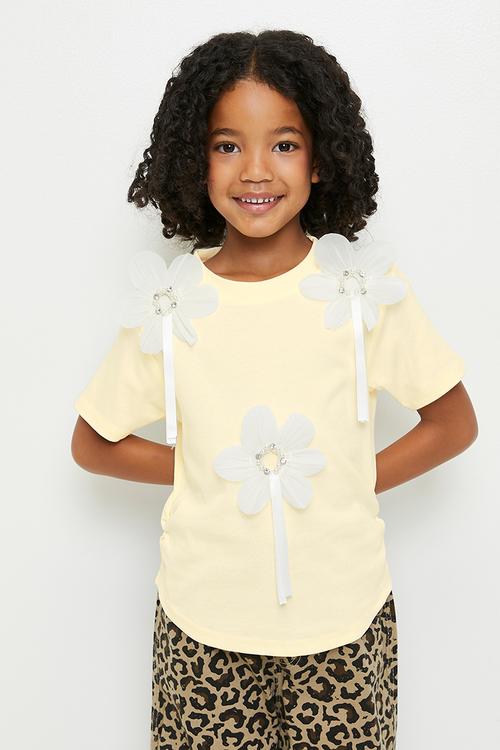 3D fabric flower top with beads and ribbon - light yellow/white