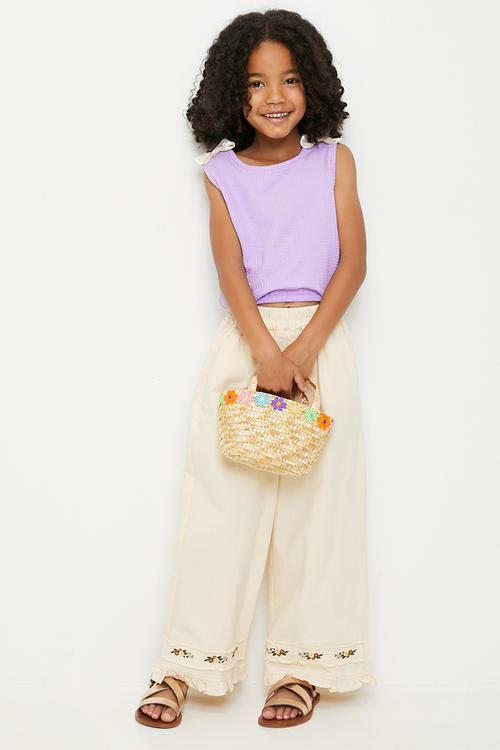 Waffle knit top with liquid satin bow detail - lilac/cream