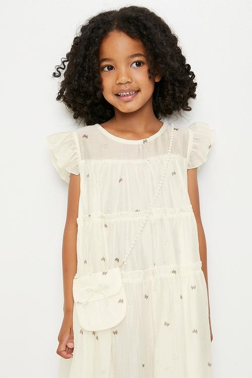 Tiered tent dress with pearl strapped pouch - cream/bow aop